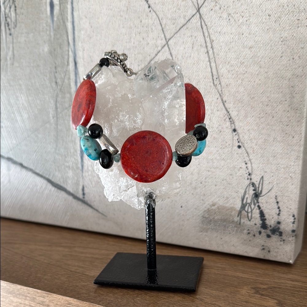 Handcrafted Orange/Red and Turquoise Beaded Bracelet